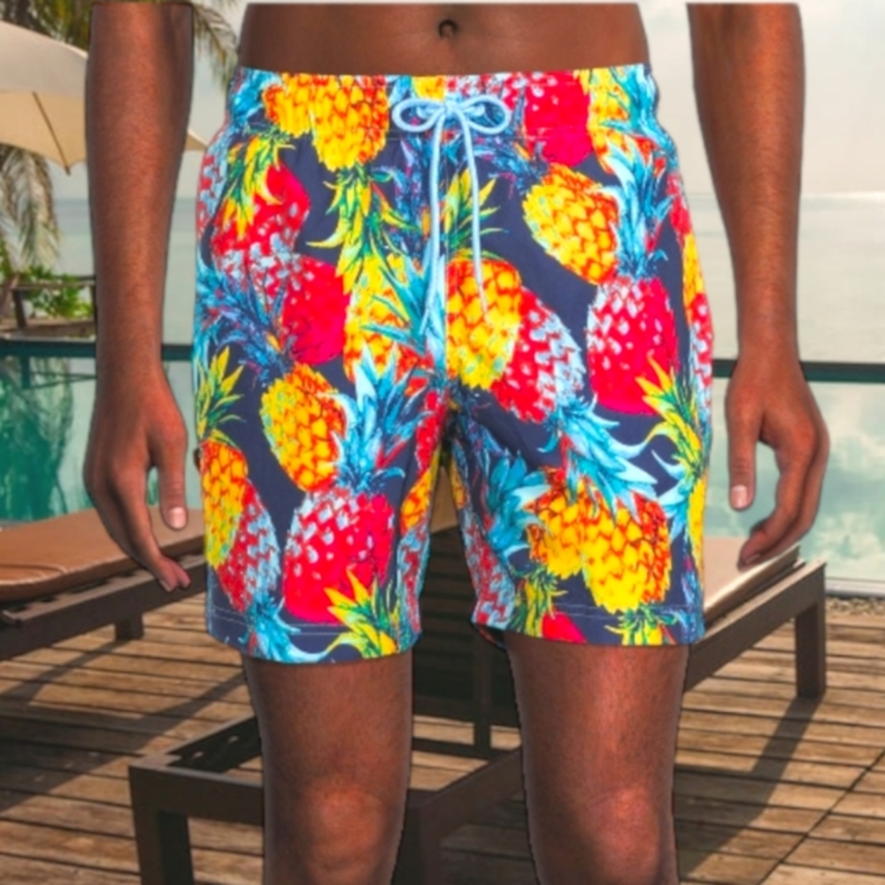 GEORGE Tropical Dopamine Pineapple Print on Blue Classic Swim Trunks
